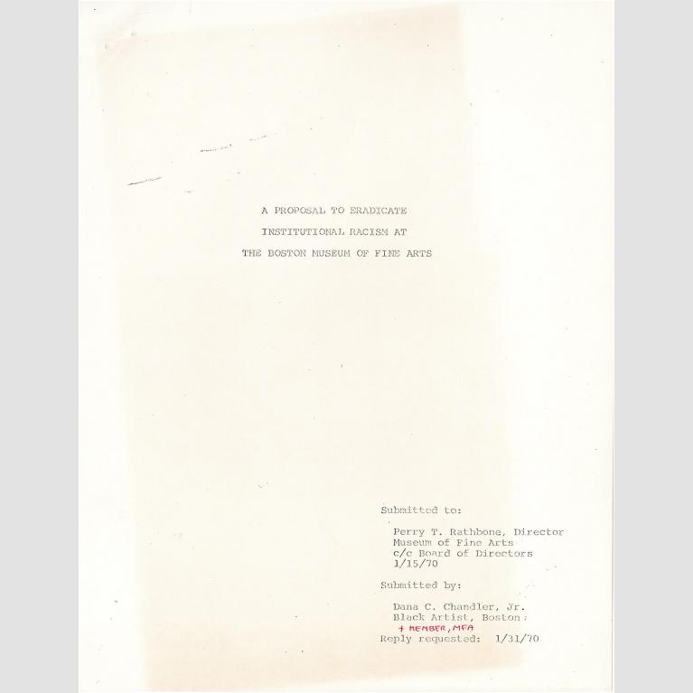Front page of a manifesto titled “A Proposal to Eradicate Institutional Racism at the Boston Museum of Fine Arts.”