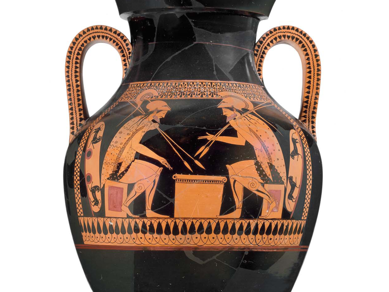 Greek two-handled jar with a painted image of Achilles and Ajax playing a board game