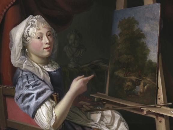 Painting of an artist holding her palette, brushes and a mahl stick; she looks out at the viewer and points to her creation, a landscape on an easel