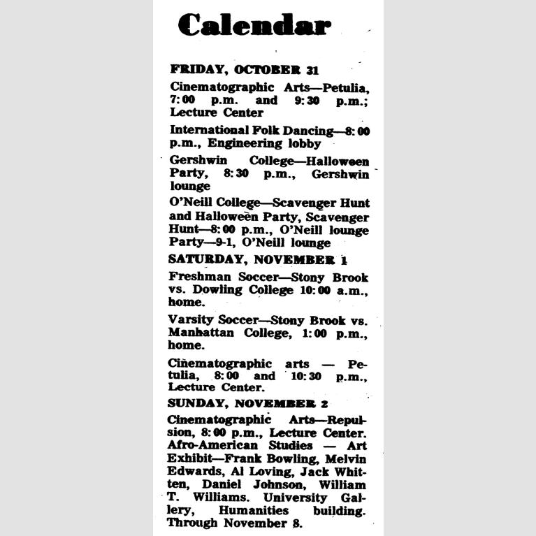 A calendar cut out from the Stony Brook Statesman from the weekend of October 31st-November 2nd, 1969.