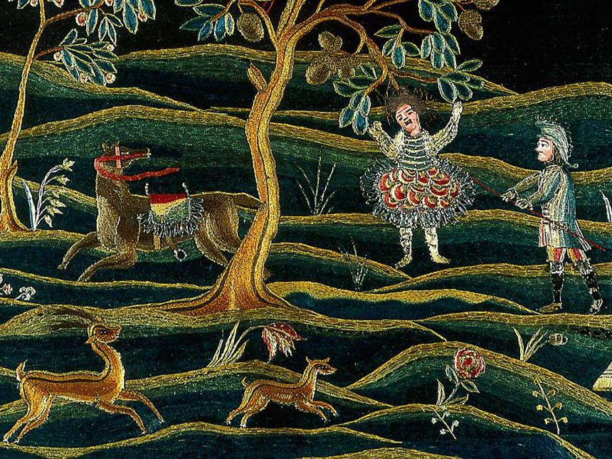 detail of embroidered overmantel depicting hanging of Absalom, with deer scattered around nearby field
