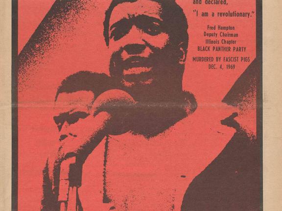 Front page of a newspaper featuring a pink image of a man staring straight ahead.