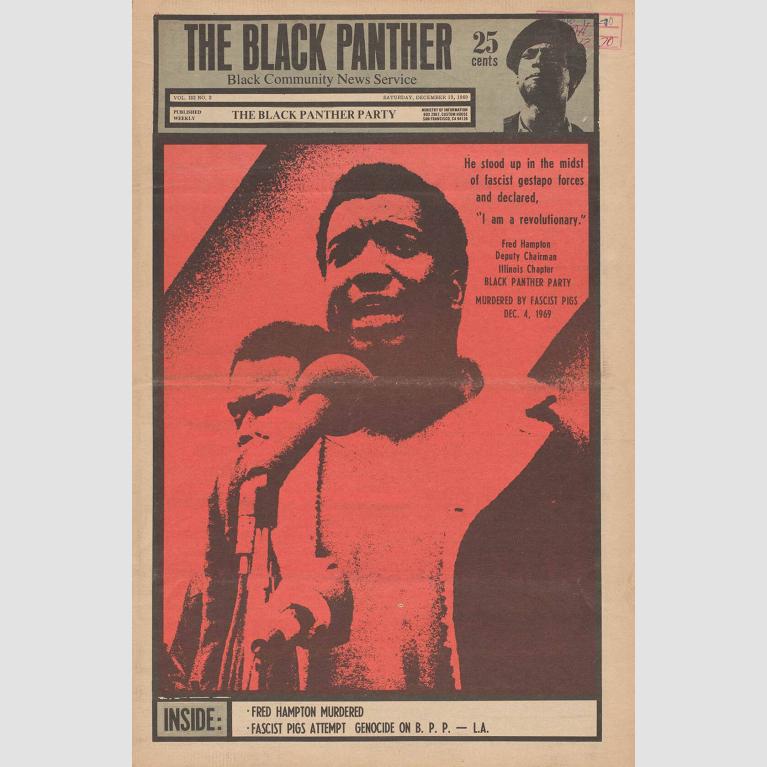 Front page of a newspaper featuring a pink image of a man staring straight ahead.