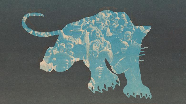 Outline of a panther with blue figures in a crowd on the inside