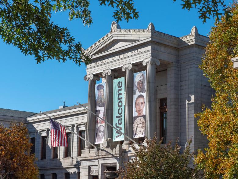 Huntington entrance of the MFA with Welcome banner 
