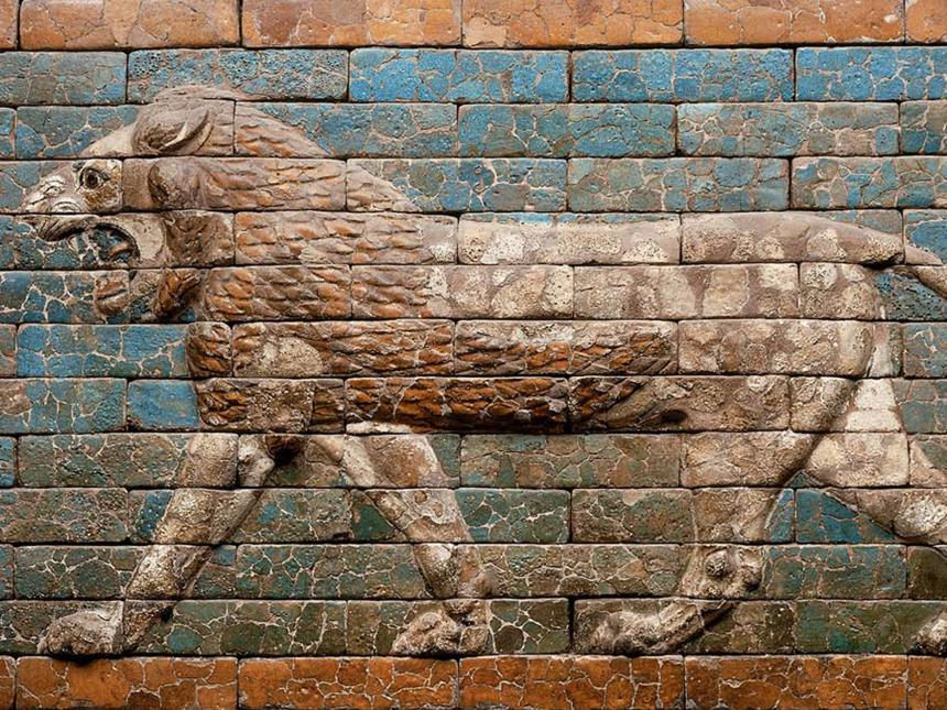 Detail of Babylonian depiction of striding lion made of glazed bricks
