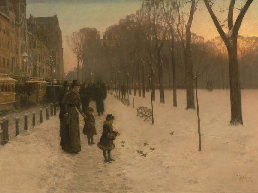 Childe Hassam painting depicting mother and two young girls feeding pigeons on edge of a snowy Boston Common during twilight