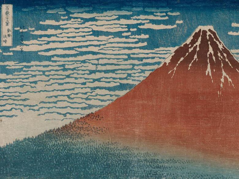 print depicting a red mountain and blue sky with wispy clouds