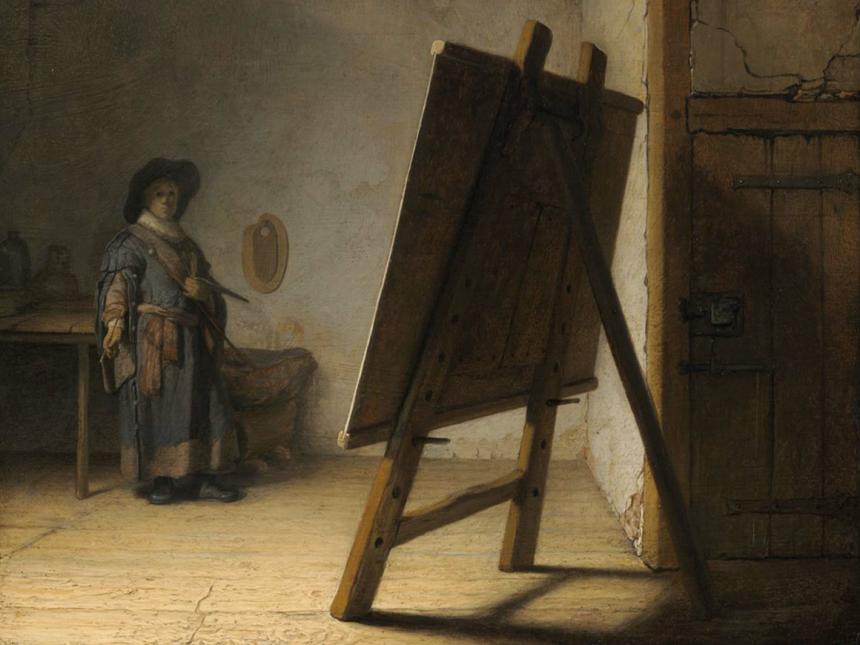 Detail of painting by Rembrandt, depicting artist in wide-brimmed hat standing in background, looking at canvas on easel in foreground