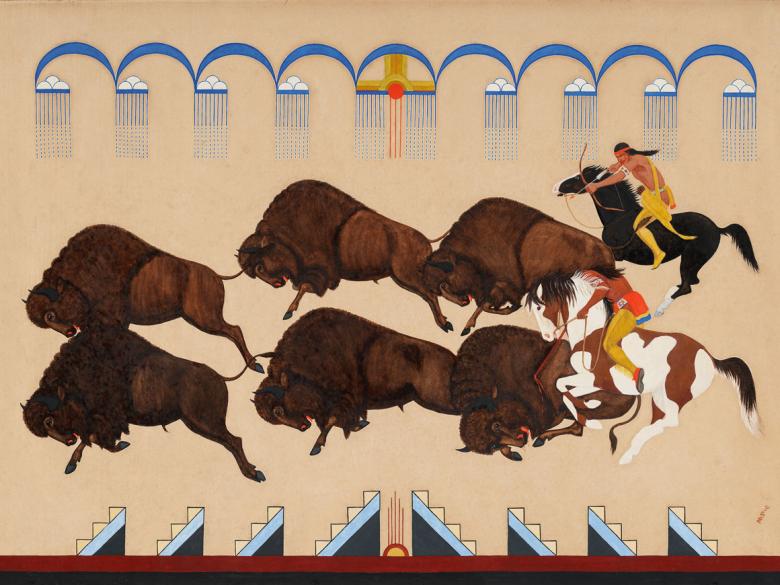 Painting of Buffalo Hunt by Velino Shije Herrera (Ma-Pi-We)