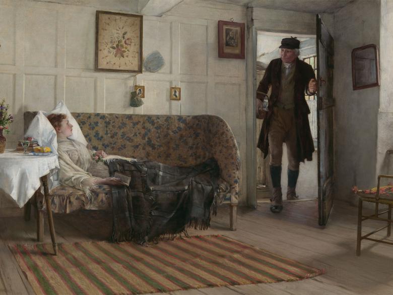 An elderly man walks into a room where a young girl is lying on a couch.