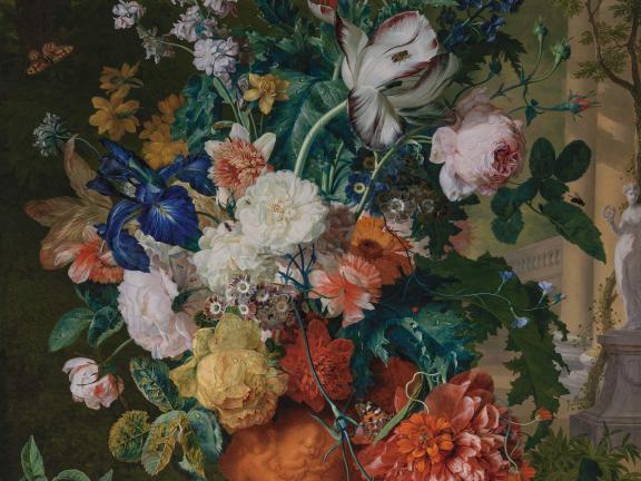 Highly detailed painting in oils of many different types of flowers in a vase