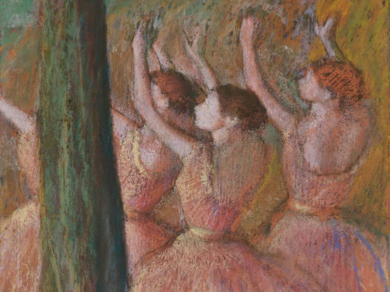 Painting featuring three dancers in pink outfits with arms raised in pose