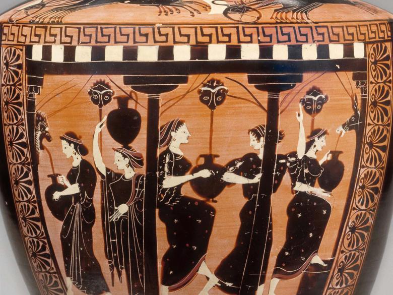 Greek water jar showing women collecting water at a fountain.