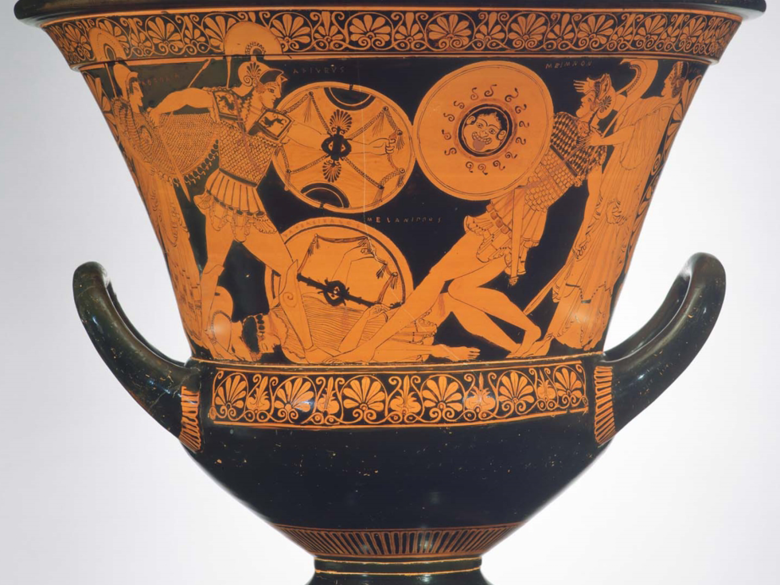 Greek mixing bowl depicting dueling scenes from the Trojan war