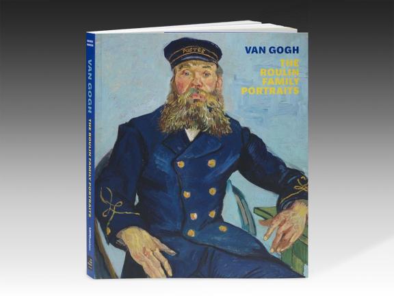 Image of book cover, Van Gogh: The Roulin Family Portraits. The cover features a painting of a bearded man in a blue postal worker's uniform and hat seated in a green chair