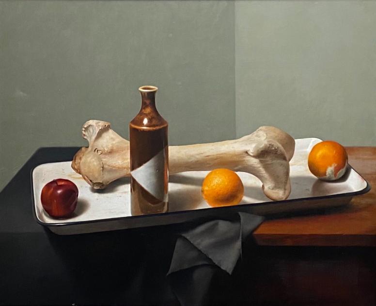 A still life painting of a white tray with a bone, oranges, an apple, and a bottle.