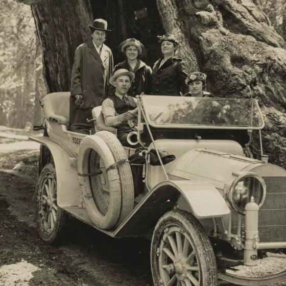 Sepia-toned photograph of people posing in car parked in front of large redwood tree
