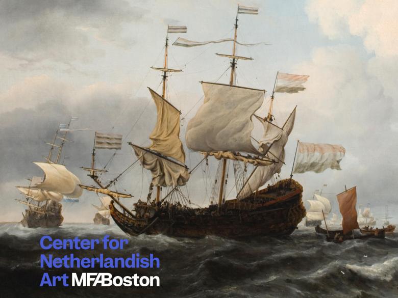 A flagship in choppy waters with the words "Center for Netherlandish Art" overlain in the bottom-left corner.