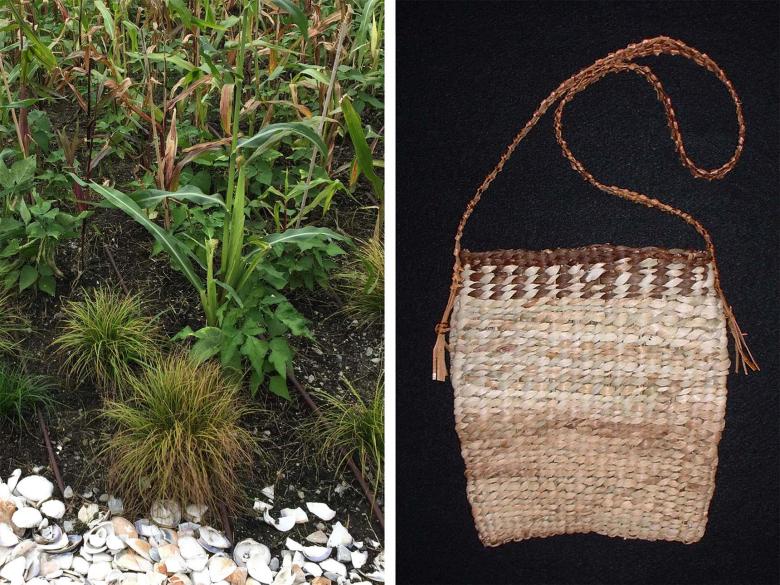 At left: corn growing in Elizabeth James-Perry’s installation, Raven Reshapes Boston; at right: a tightly woven corn husk bag