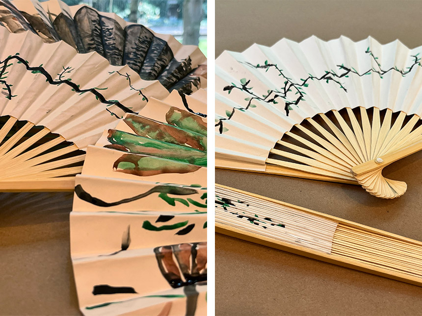 Various examples of fans with trees and branches painted fan surface
