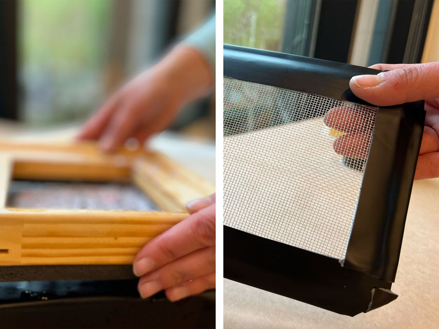 two photos side-by-site: mould made from wooden frames on left, and mould made from styrofoam tray on right