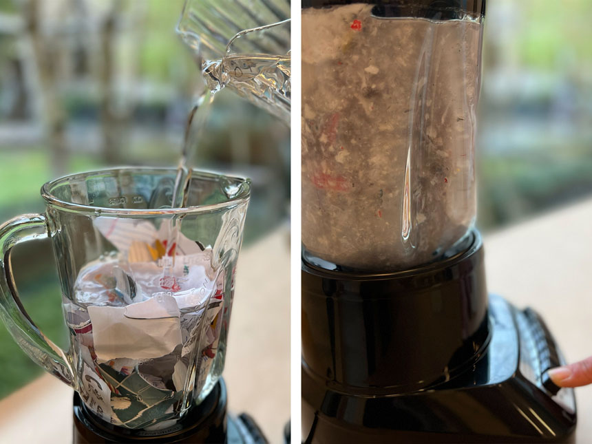 pouring water into the blender and turning on the blender to pulse the paper shreds