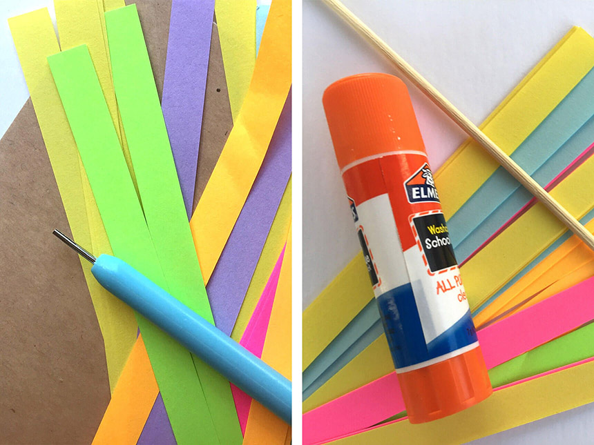 quilling tool and gluestick on top of strips of neon-colored paper