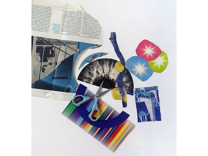 arrangement of cut-out paper pieces from print magazines and newspapers