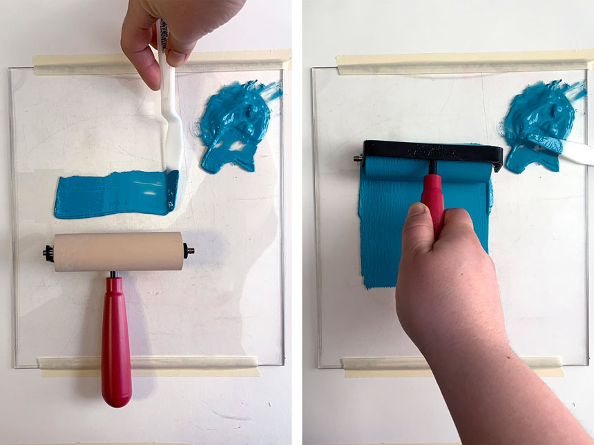 using palette knife to spread paint on plexiglass; then rolling brayer back and forth on paint