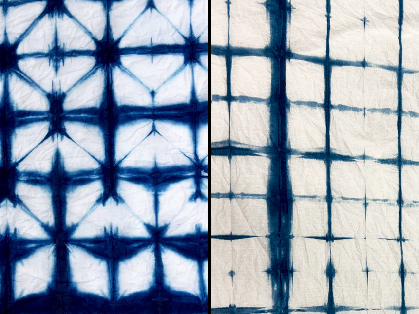 blue dye on white cloth in itajime pattern