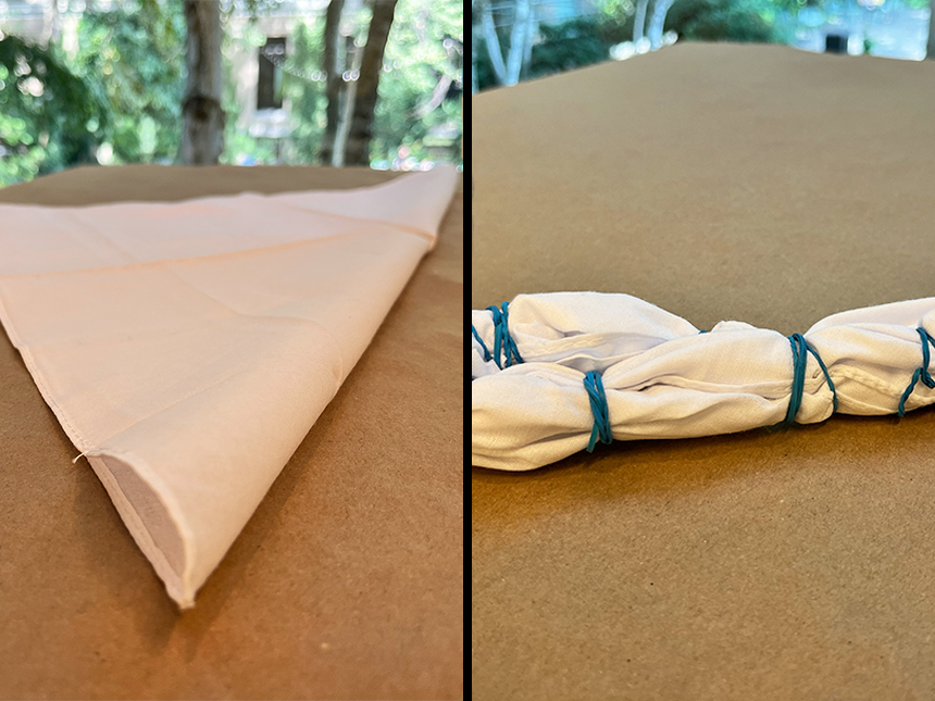 two photos side-by-side: on left, white cloth folded into triangle; on right, rolled up cloth bundled with rubber bands