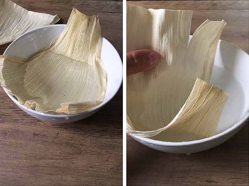 corn husk soaking in bowl of water
