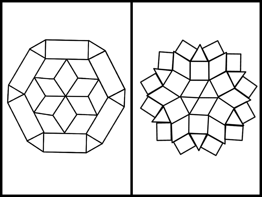 two black-and-white outline of mosaics made from rectangles, triangles, and diamonds