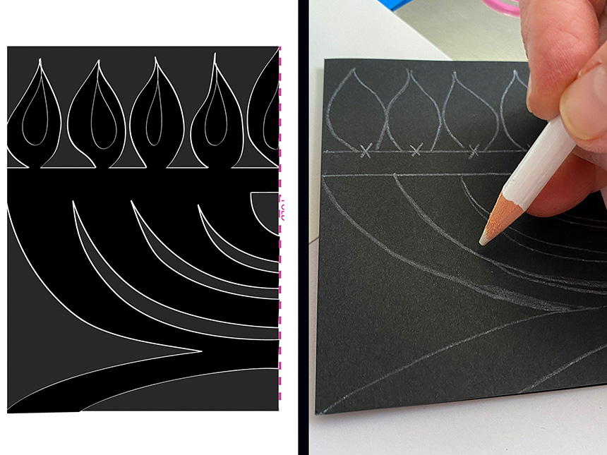 using white pencil to draw left half of the Hanukkiah on the black paper