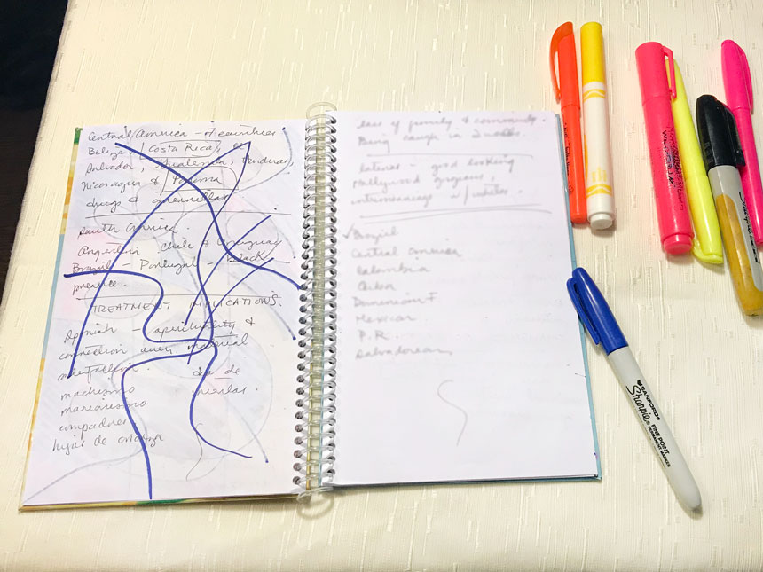 Blue, criss-crossing, wiggly lines drawn on page in notebook with blue marker