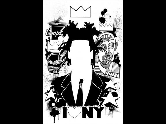 Black and white illustration of Basquiat