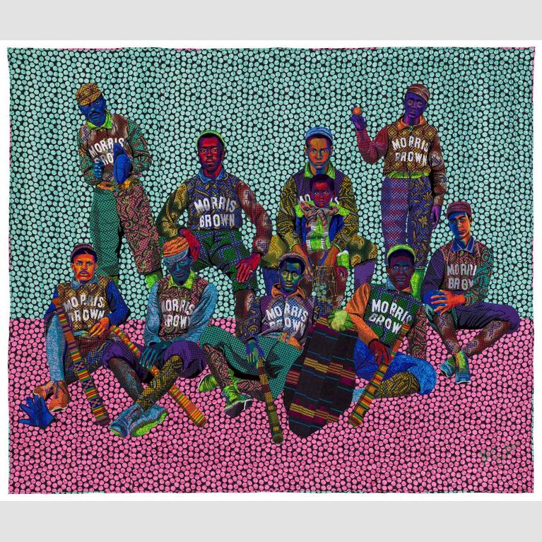 Brightly colored quilt depicting a group of young baseball players in uniform
