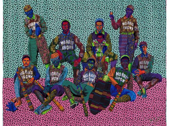 Brightly colored quilt depicting a group of young baseball players in uniform