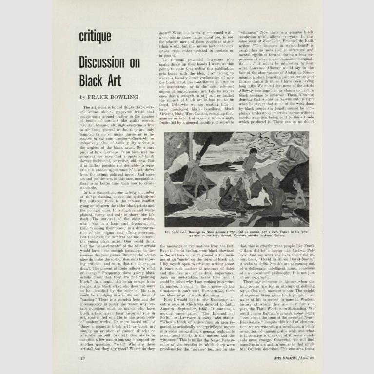 Frank Bowling's essay "Discussion on Black Art" in a 1969 edition of "Arts Magazine."
