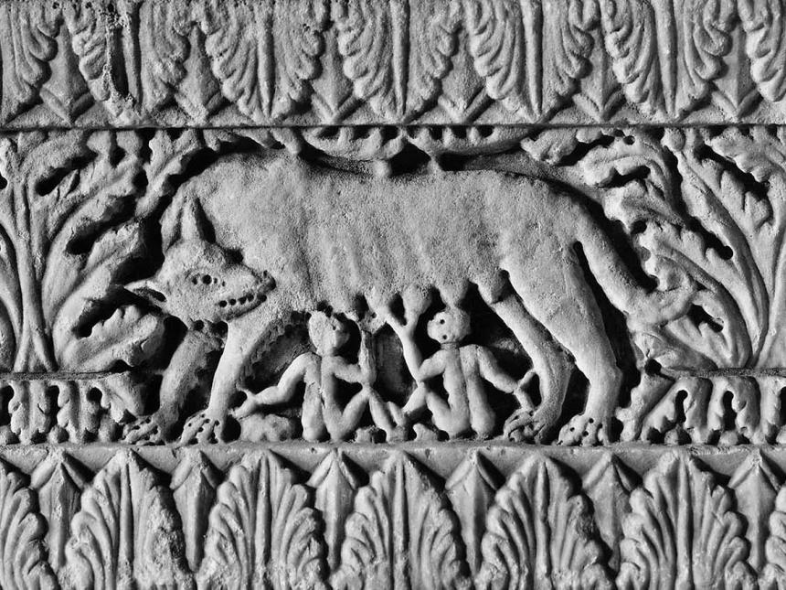 Detail of carved base with Romulus and Remus