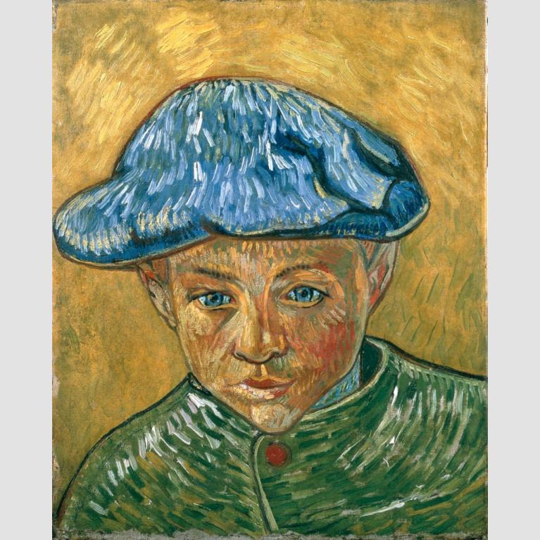 Portrait of Camille Roulin in a green coat with a red button, a blue cap and a yellow background