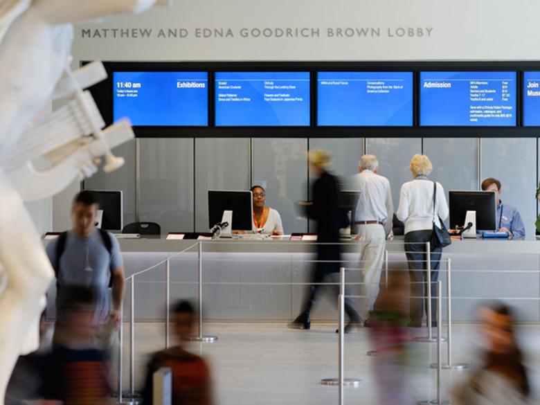 Visitors at Huntington ticket desk, Huntington Avenue Entrance