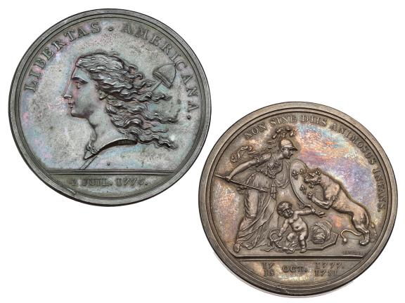 The obverse and reverse of a coin. Obverse: a woman in profile with flowing wavy hair. Reverse: an armed woman fights a leopard while a baby fends off two snakes.