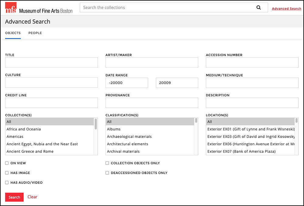screenshot of advanced search interface on Collections Search site