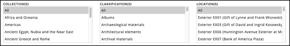 screenshot of advanced search filters on Collections Search site