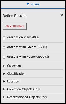 screenshot of search refinement filters on Collections Search site