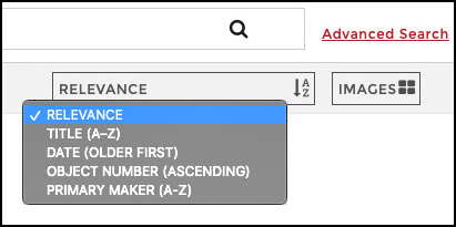screenshot of sorting dropdown menu on Collections Search site