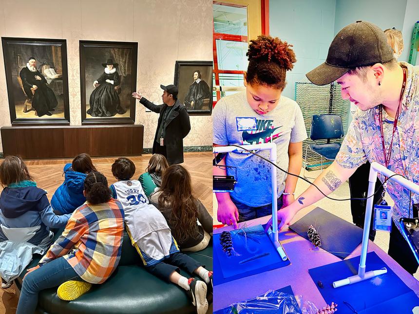 Composite of two photographs decpiting students making art and working with a teacher.