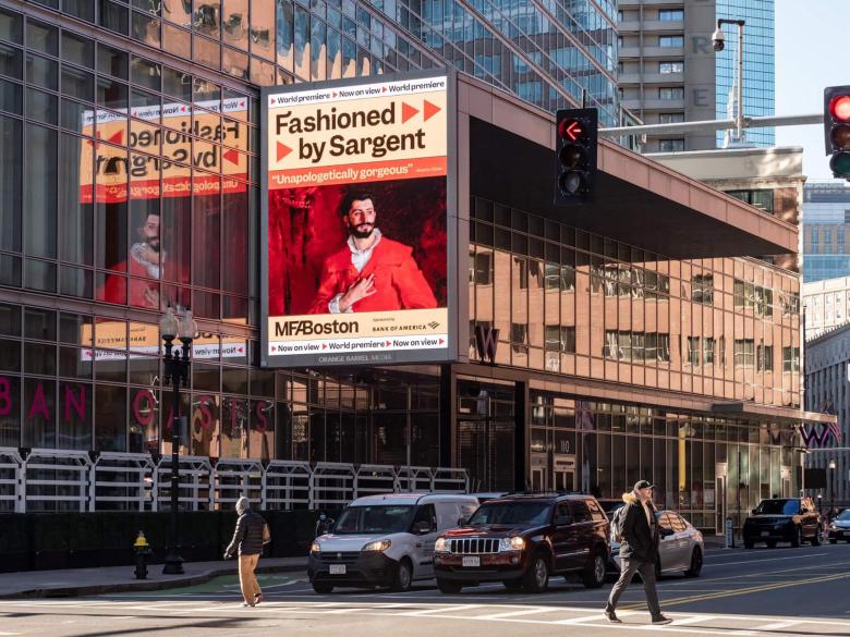 "Fashioned by Sargent" ad on large digital billboard outside Boston hotel